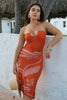 'Mira' Ribbed Vacation Halter Midi Dress in Orange Print