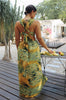 'Meadow' O Ring Sunset Plunge Dress in Green and Gold Print. Scarlette The Label, an online fashion boutique for women.