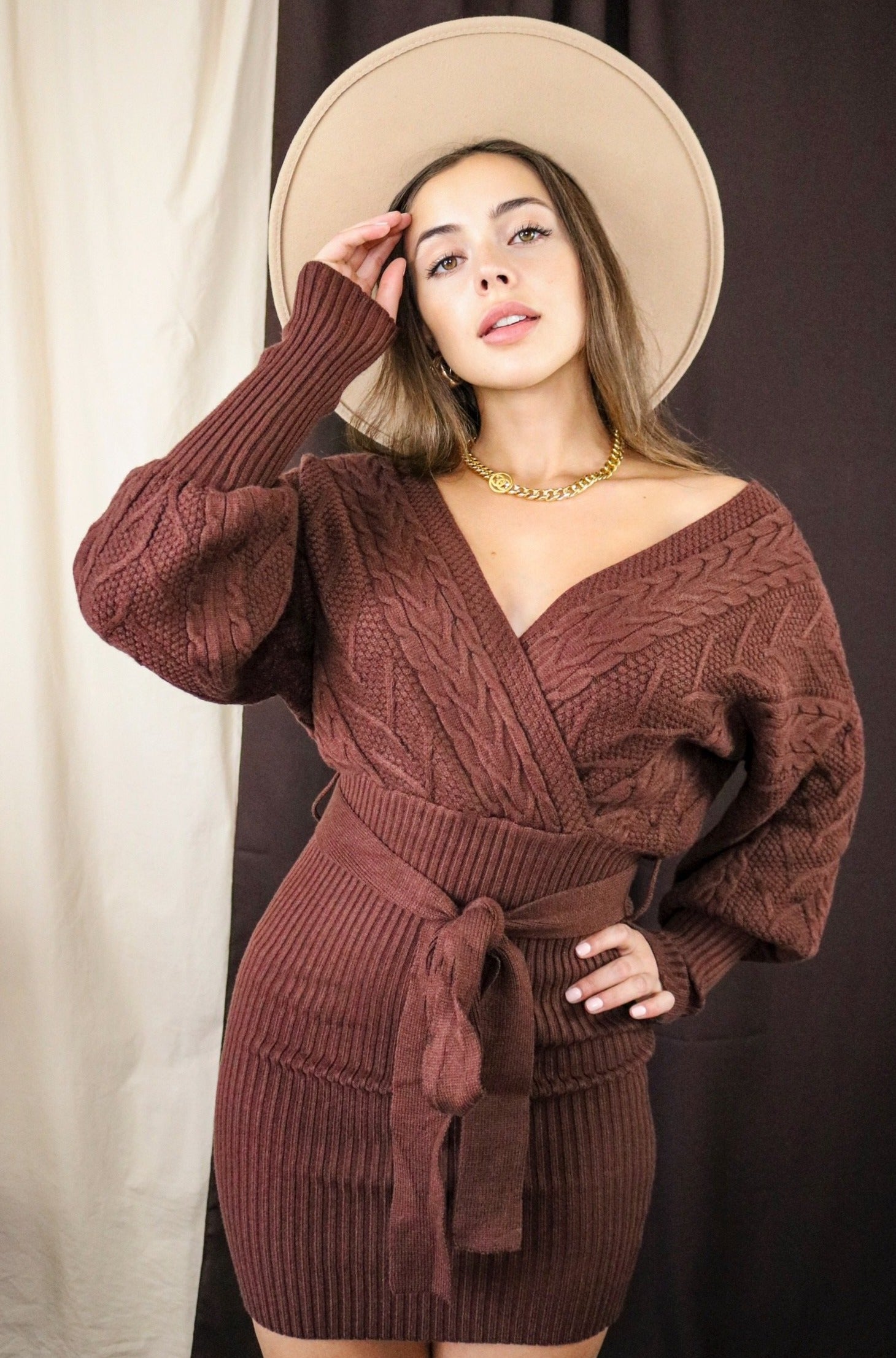 Cable Knit Off The Shoulder Sweater Dress in Cocoa. Ribbed with waist tie. Scarlette The Label, an online fashion boutique and label for women.