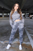 Long sleeve and pant charcoal tie dye loungewear set for Scarlette the Label, an online fashion boutique for women.