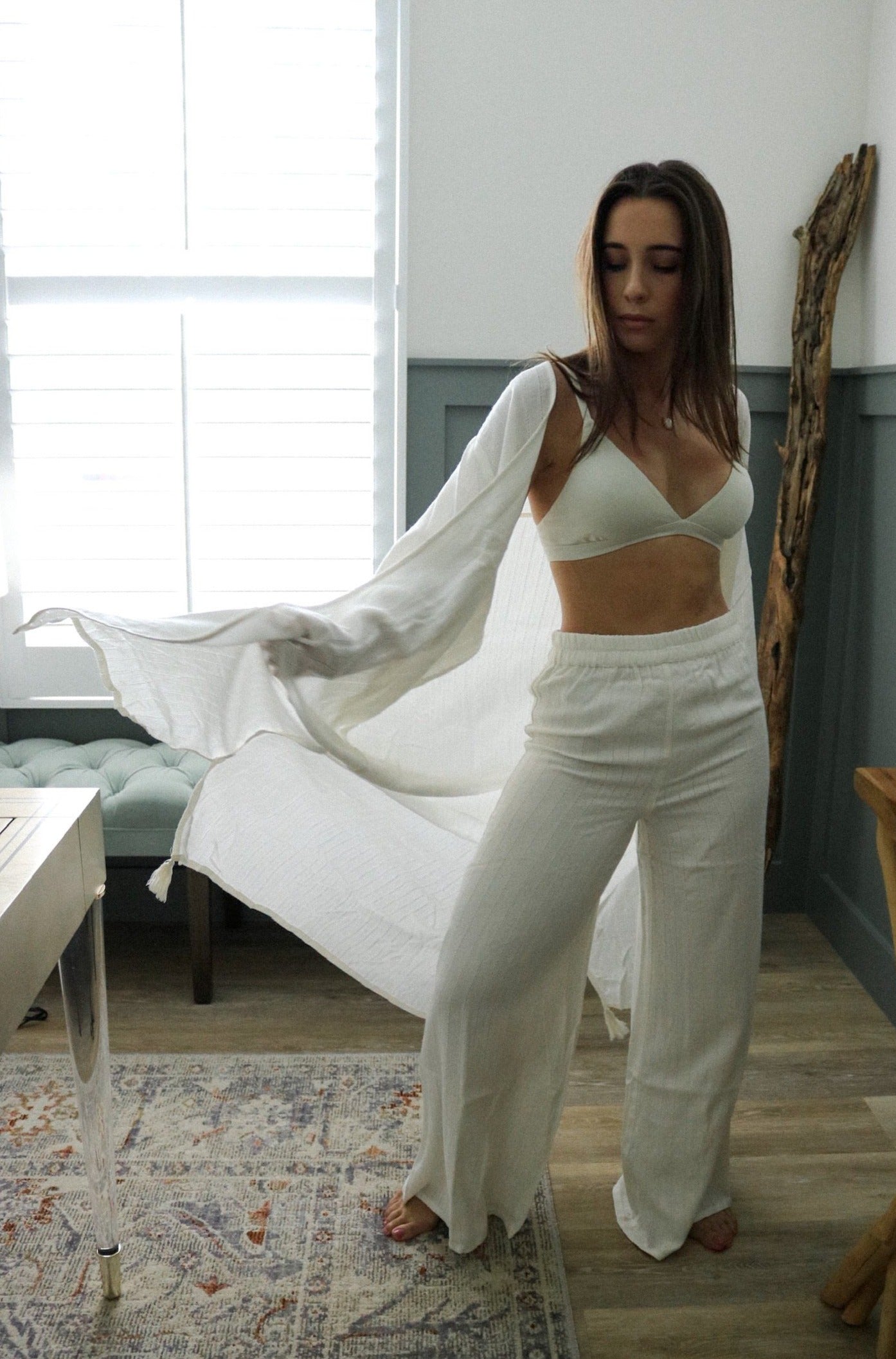The Riviera Two Piece Kimono Set in Off White from Scarlette The Label, an online fashion boutique for women. Resort Wear Collection SS 2021