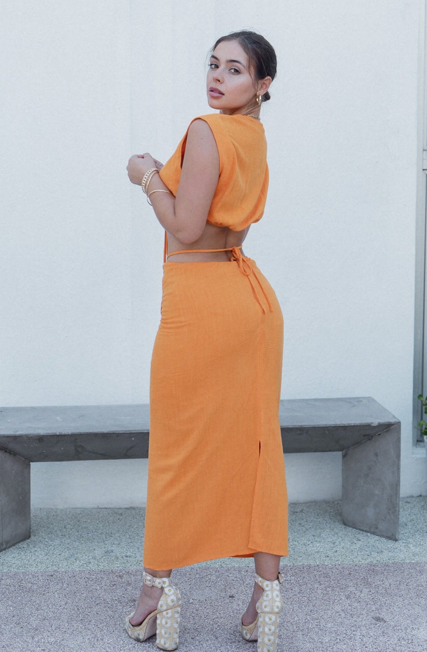 'Herring' Tie Top and Ruched Midi Skirt Set in Orange. Scarlette The Label, an online fashion boutique for women.