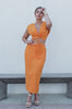 'Herring' Tie Top and Ruched Midi Skirt Set in Orange. Scarlette The Label, an online fashion boutique for women.