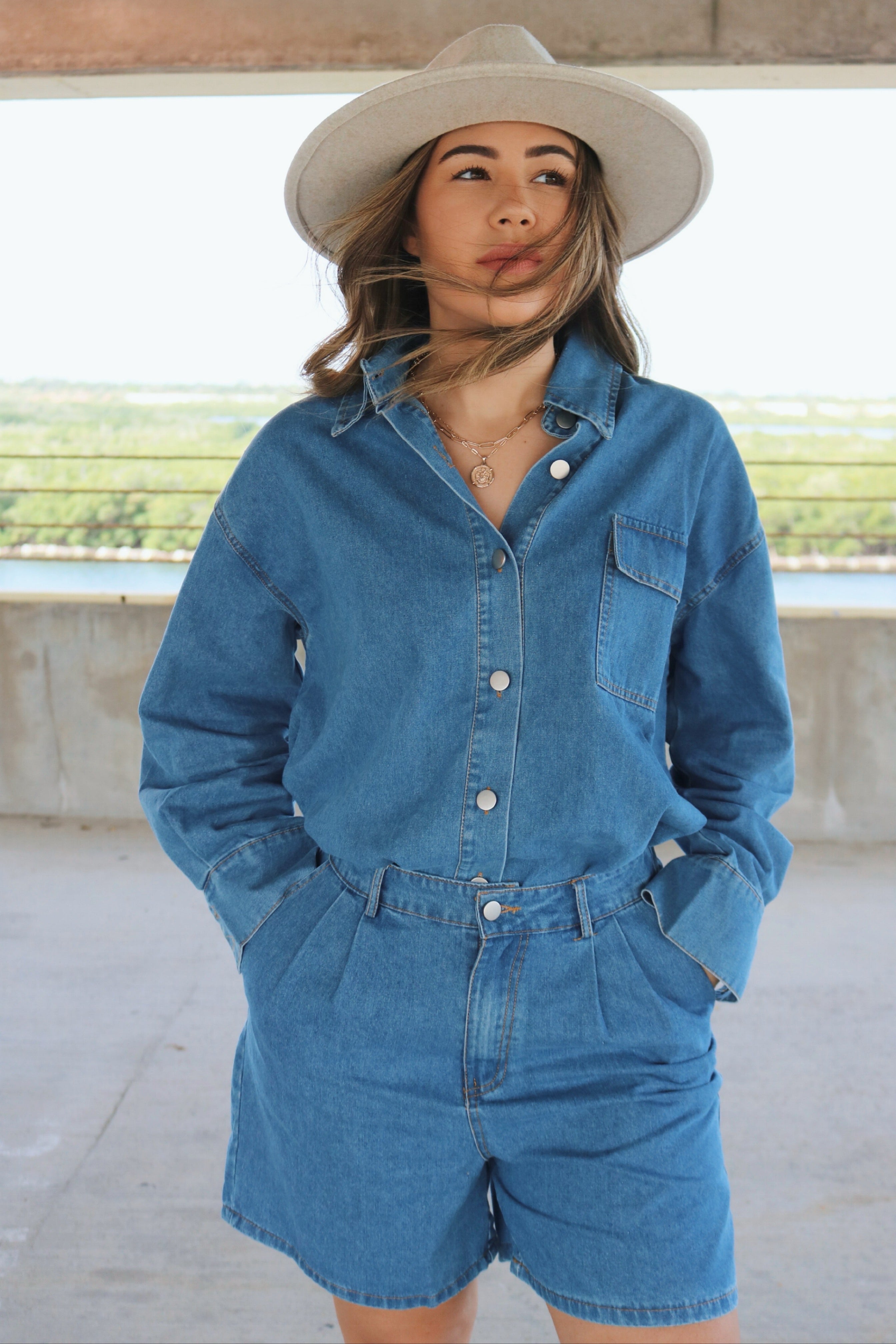 'Valeria' Cotton Button Down Blouse and High Waisted Short Set in Denim