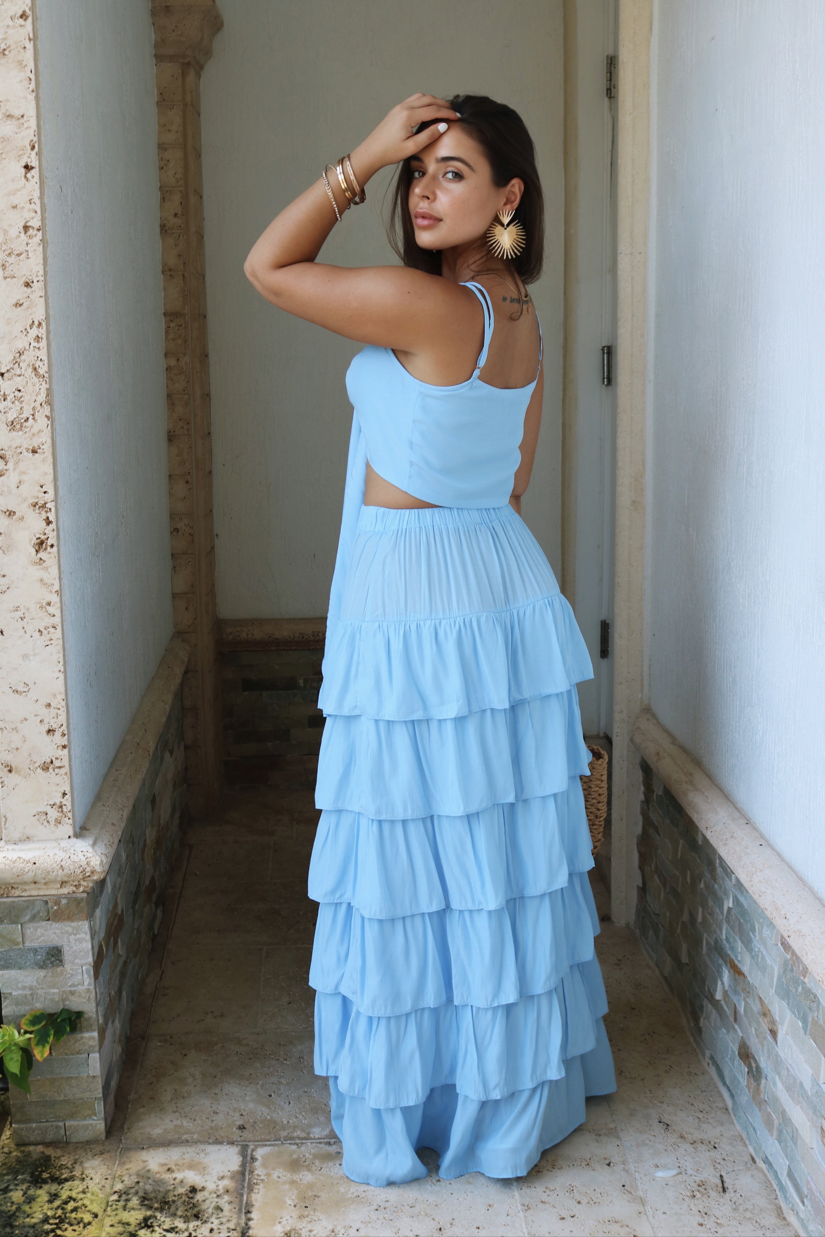 'Salerno' Ruffled Vacation Skirt Set in Dusty Blue