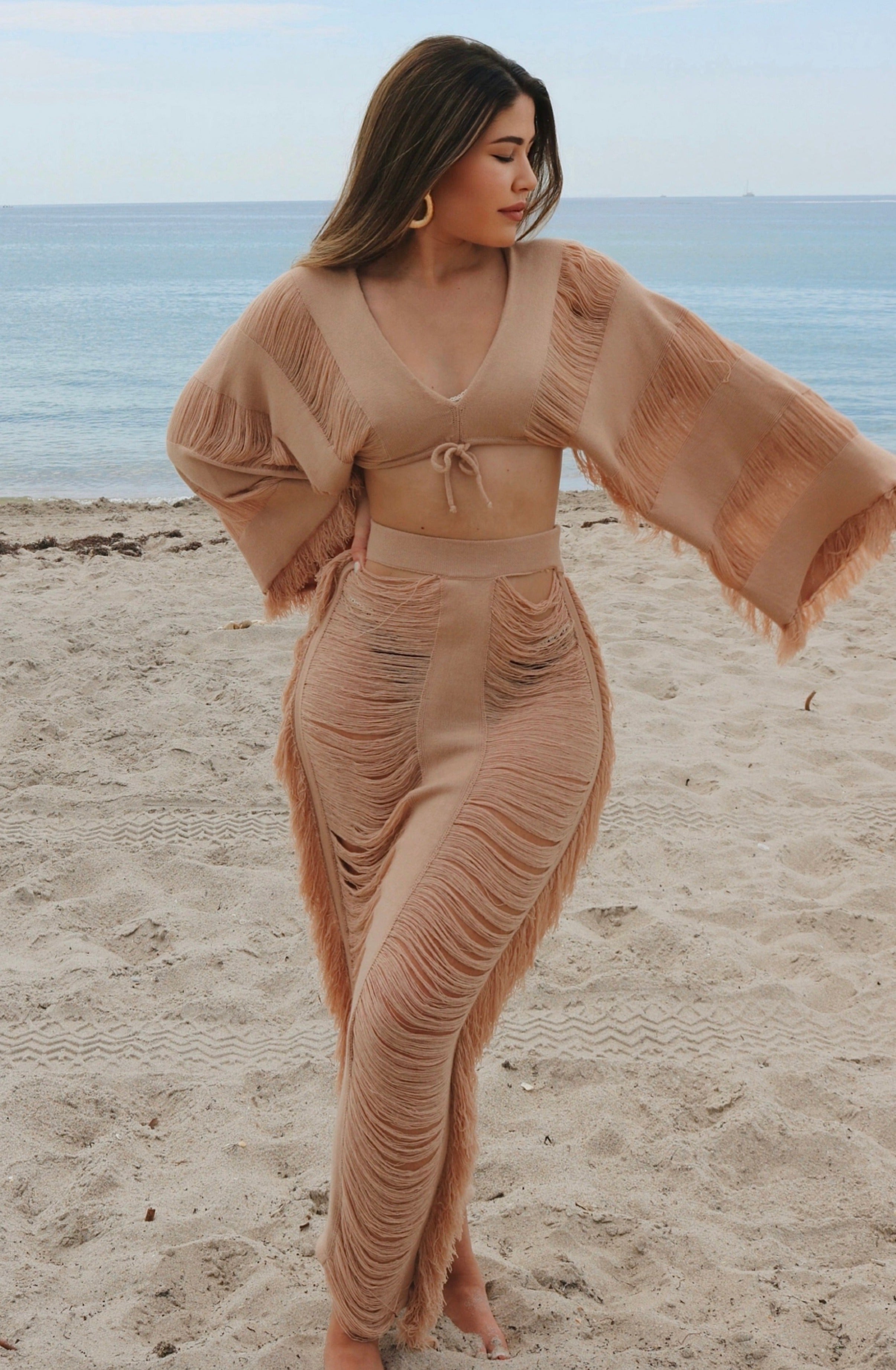 'Paloma' Feathered Thread Resort Flare Set in Tan