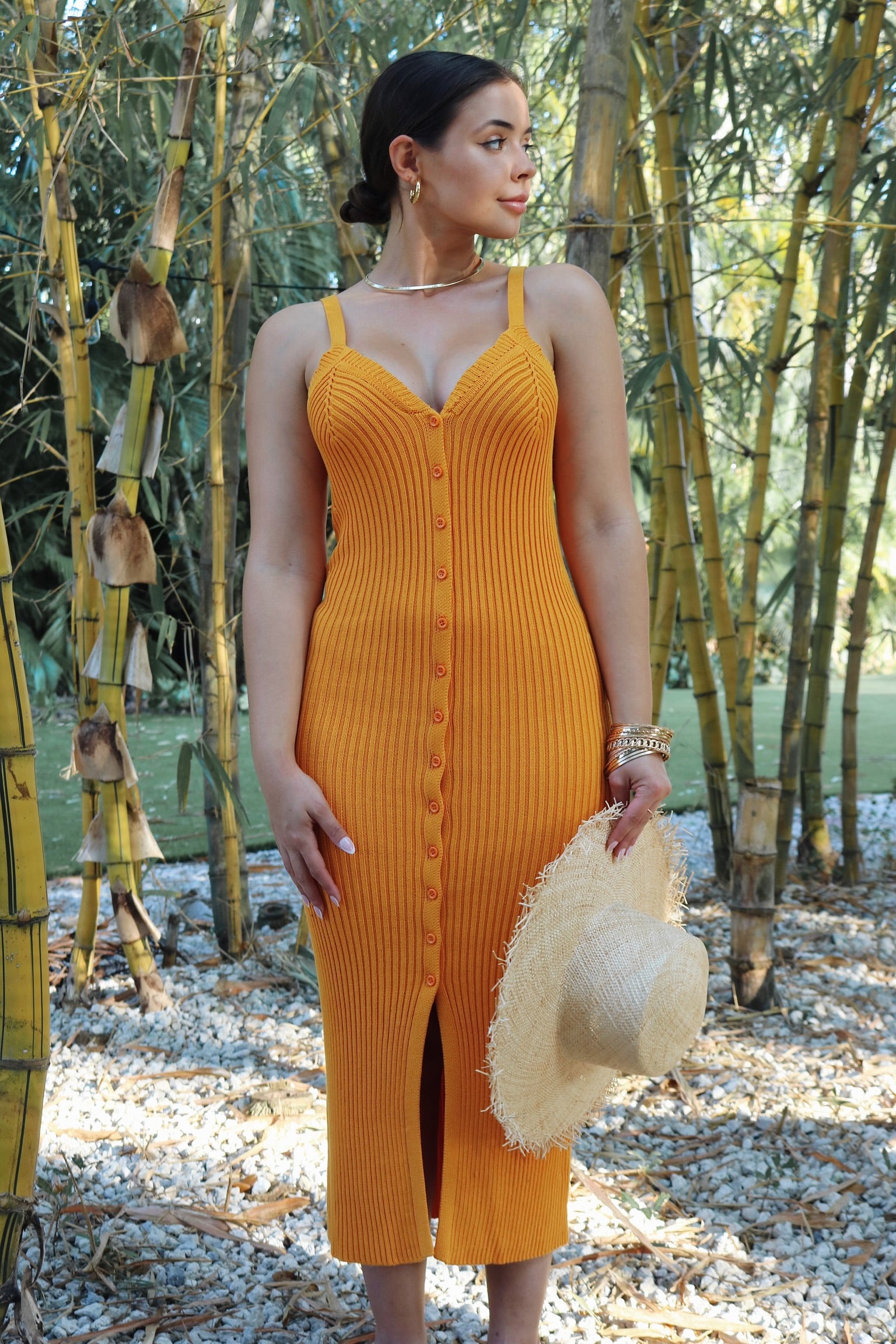 'Odeletta' Ribbed Knit Buttoned Midi in Orange, Scarlette The Label, an online fashion boutique for women.