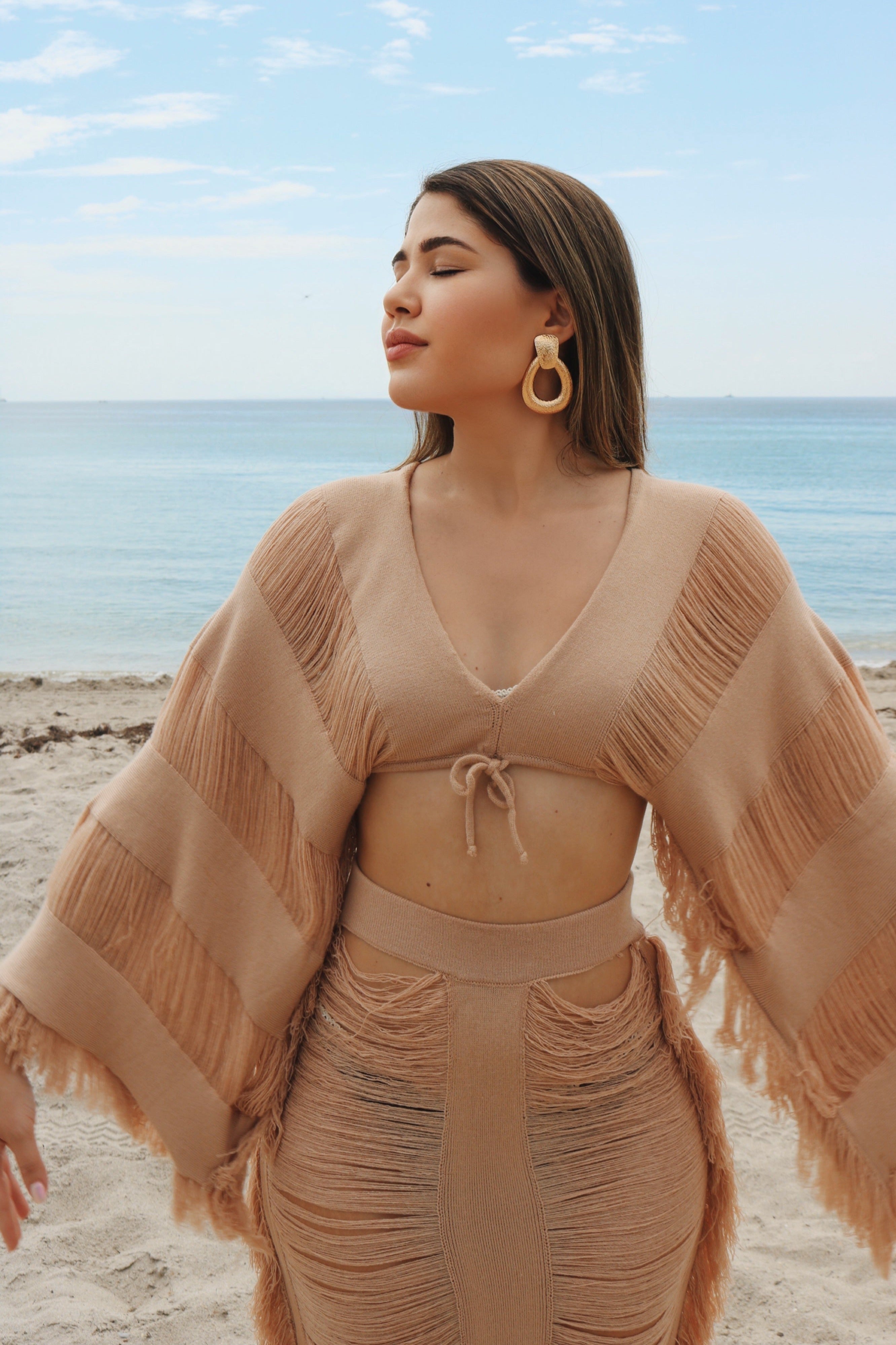 'Paloma' Feathered Thread Resort Flare Set in Tan