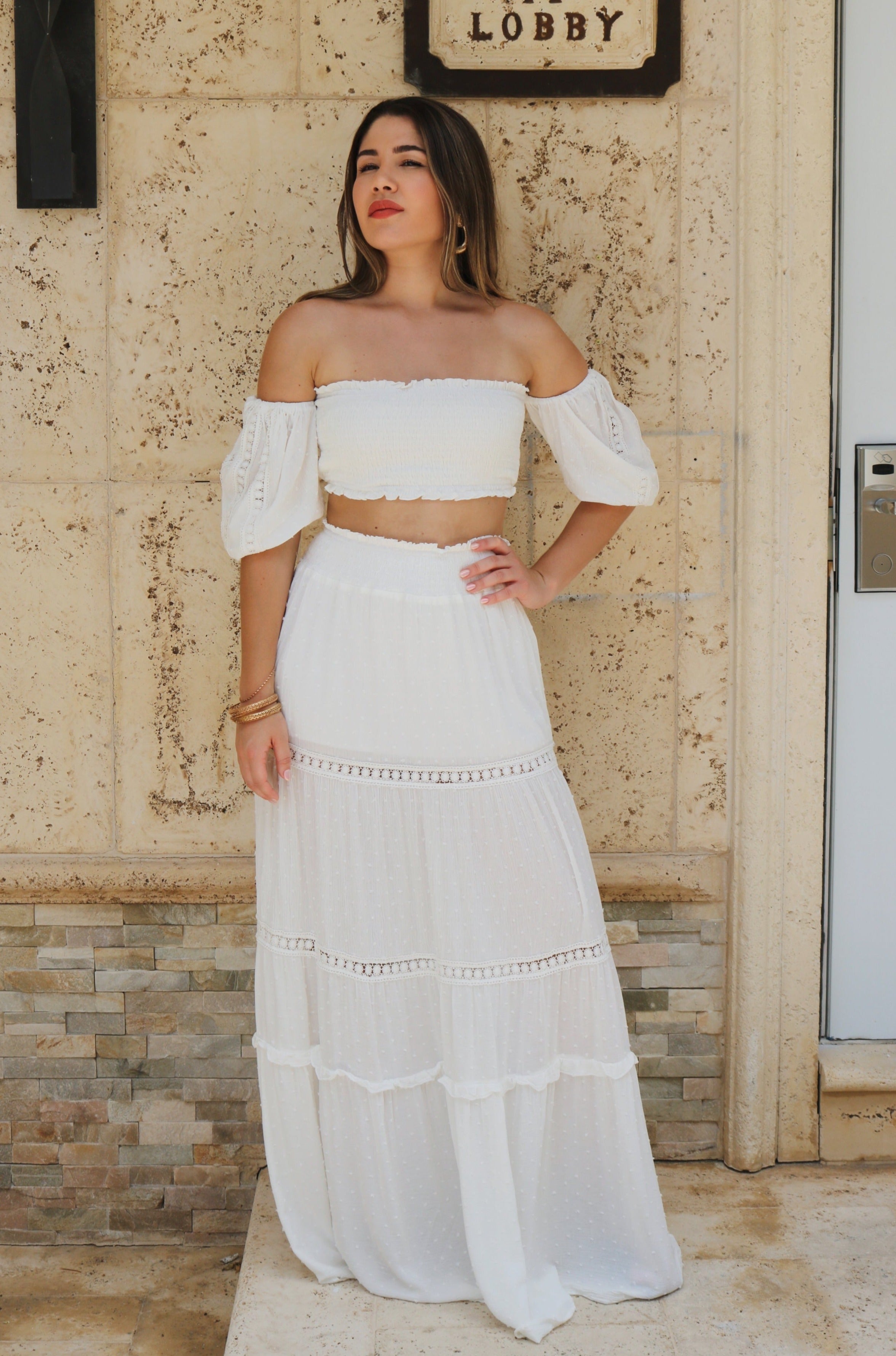 'Malia' Ruffled Vacation Maxi Skirt Set in White