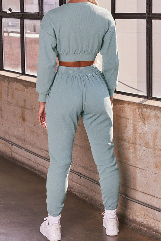 100% cotton luxury loungewear set in color dusty blue for Scarlette The Label, an online fashion boutique for women.
