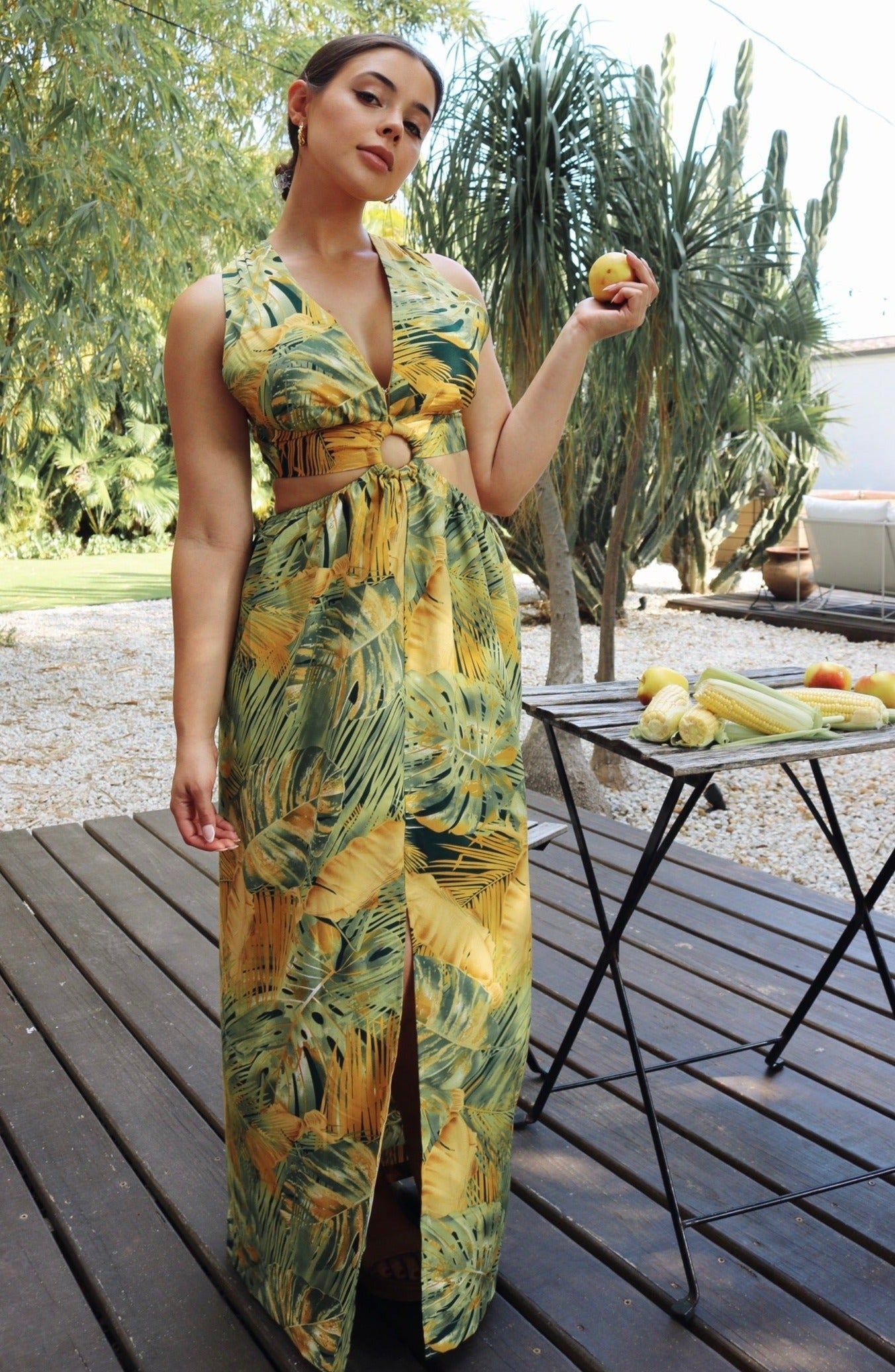 'Meadow' O Ring Sunset Plunge Dress in Green and Gold Print. Scarlette The Label, an online fashion boutique for women.