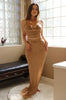 Cross Back Suede Cowl Neck Maxi Skirt Set in Tan. Scarlette The Label, an online fashion boutique for women.