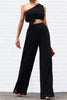 Load image into Gallery viewer, Woven and pleated one shoulder pant set in black with flare pants and side pockets. Scarlette The Label, an online fashion boutique for women.