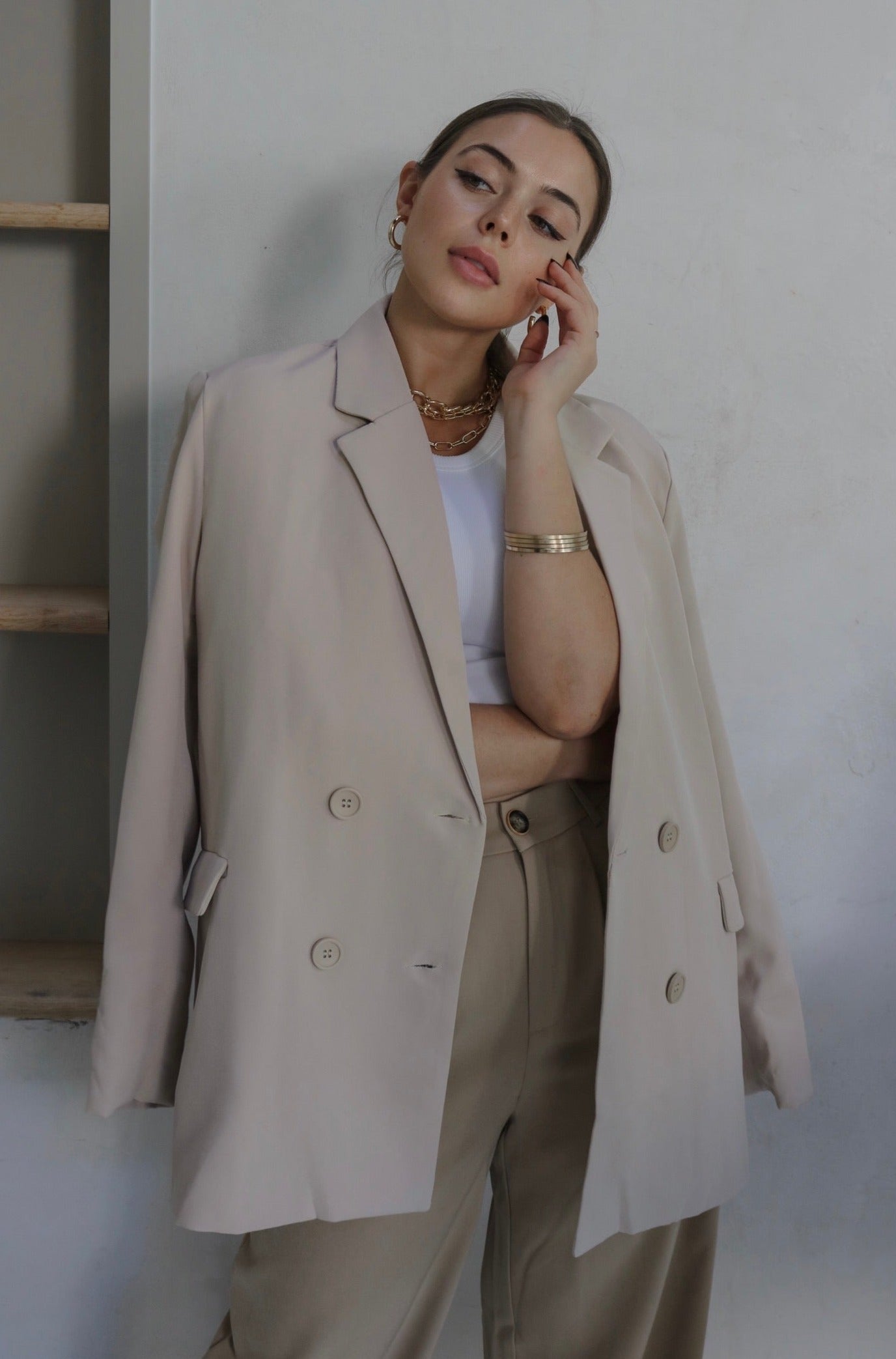 Woven Oversized Double Breasted Blazer in Sand (Beige). Scarlette The Label, an online fashion boutique for women.