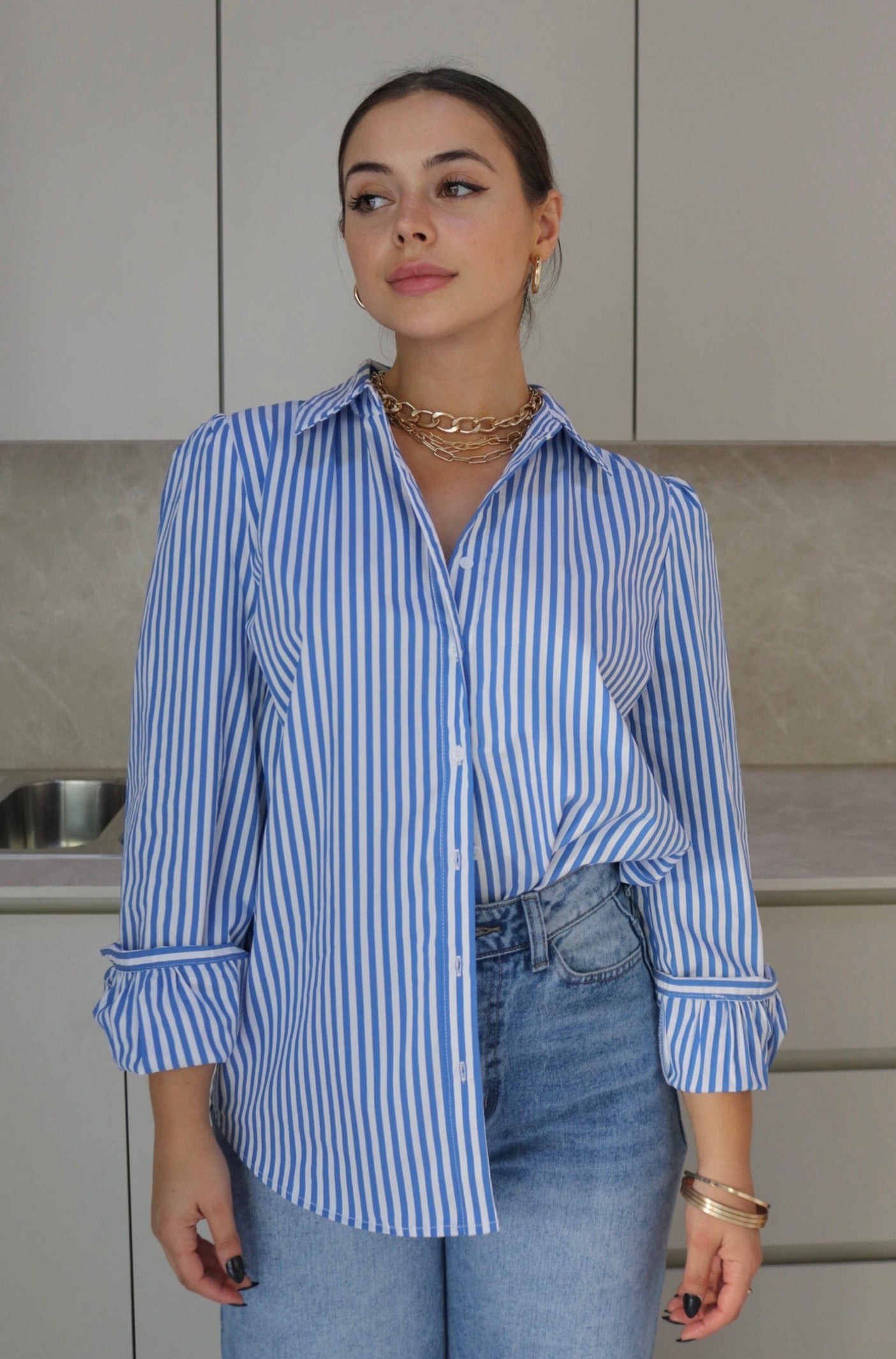 Classic Striped Button Down Shirt in Blue and White. Scarlette The Label, an online fashion boutique for women.