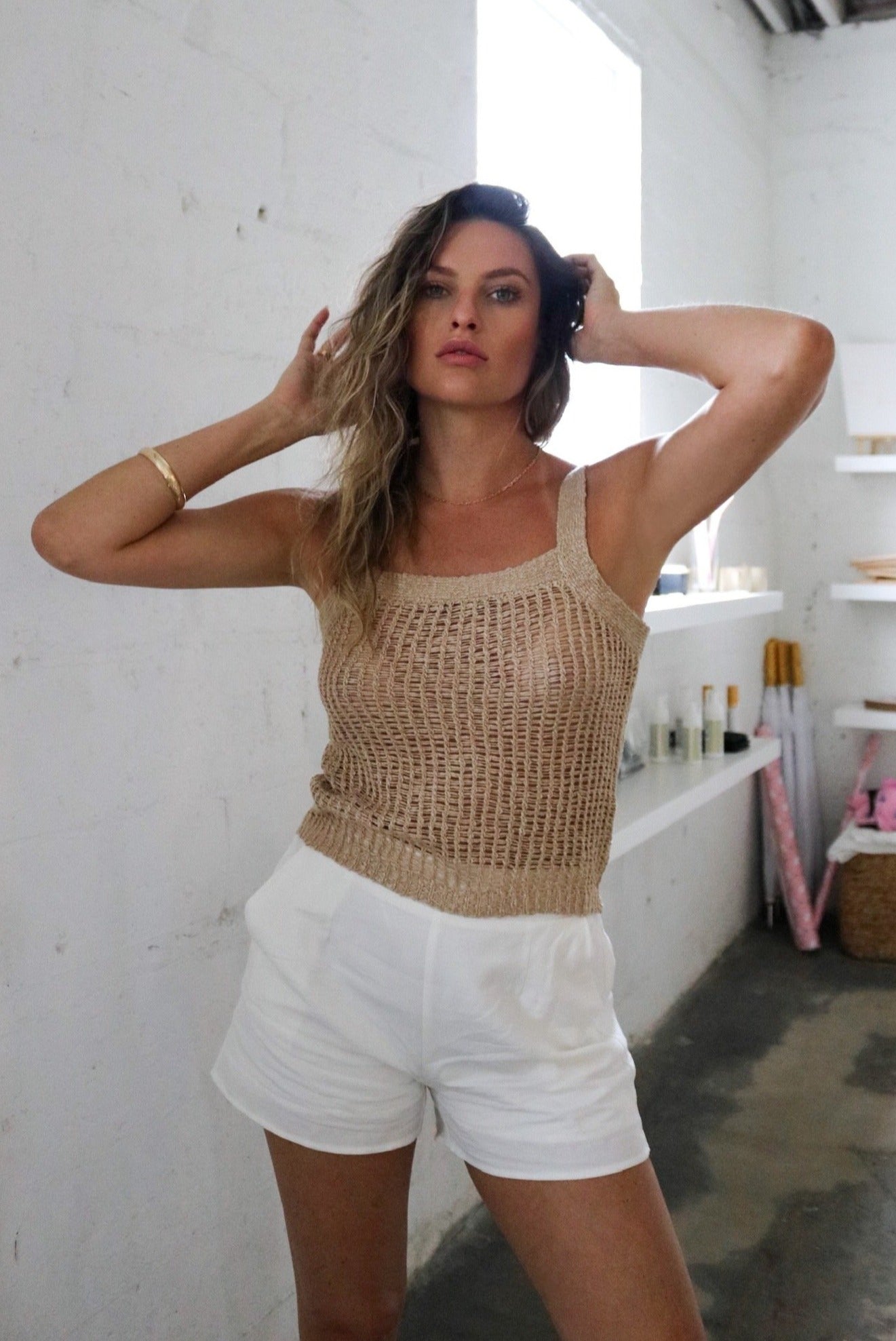 Crochet Top in Sand (Beige) and White Shorts. The Color Coded Collection. Scarlette The Label, an online fashion boutique for women.