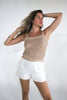Crochet Top in Sand (Beige) and White Shorts. The Color Coded Collection. Scarlette The Label, an online fashion boutique for women.