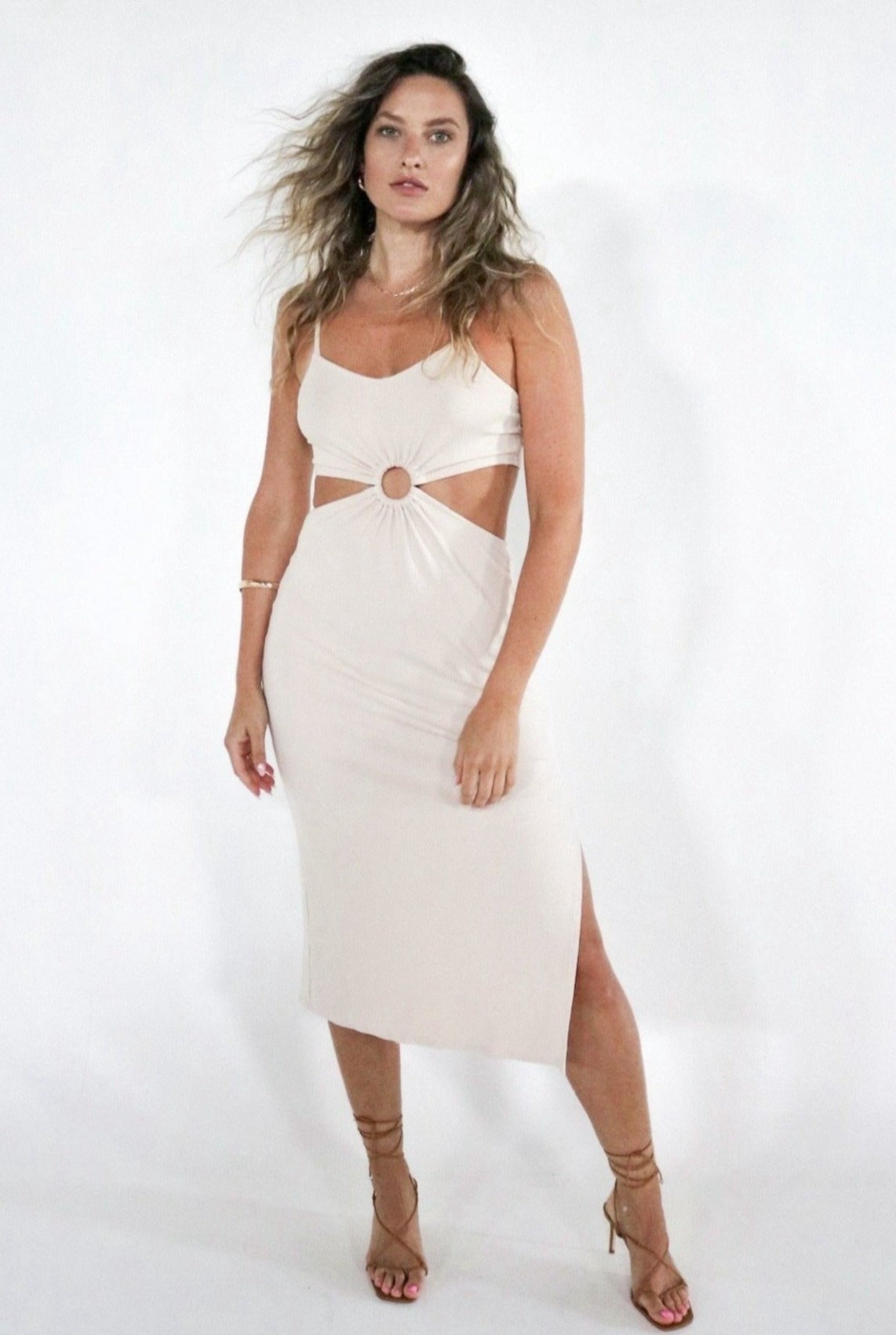 Ribbed Circle Cutout Slitted Dress in Beige. The Color Coded Collection. Scarlette The Label, an online fashion boutique for women.