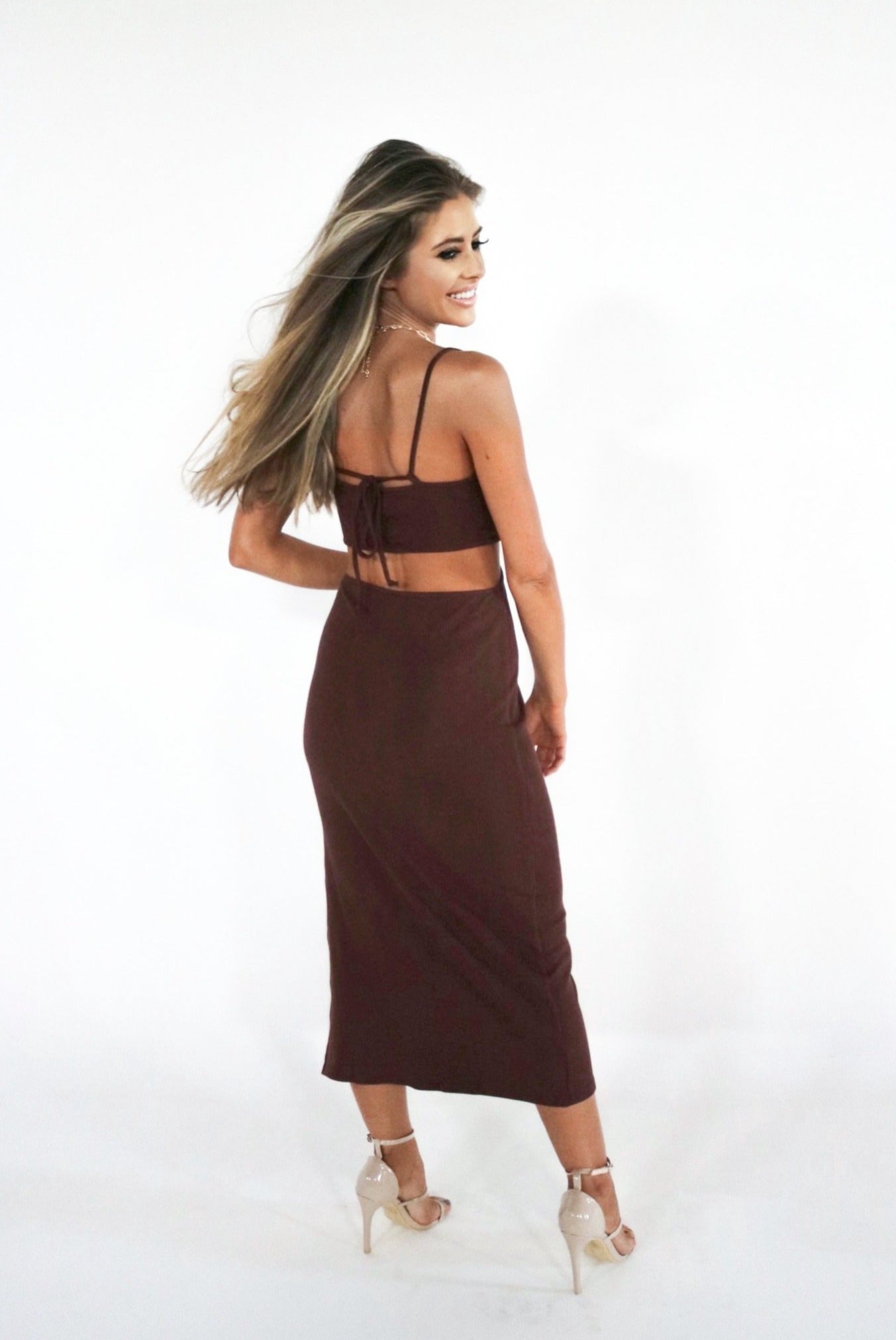 Ribbed Circle Cutout Slitted Dress in Chocolate Brown. The Color Coded Collection. Scarlette The Label, an online fashion boutique for women.