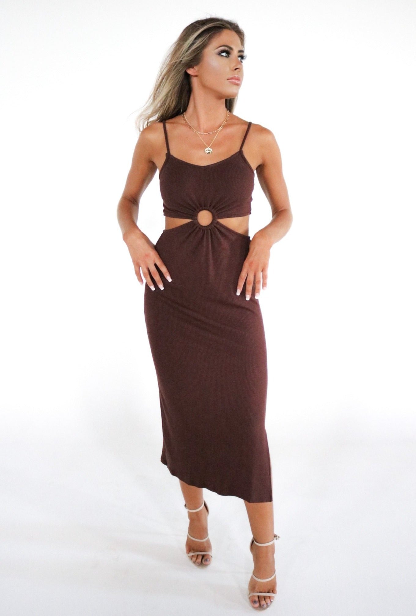 Ribbed Circle Cutout Slitted Dress in Chocolate Brown. The Color Coded Collection. Scarlette The Label, an online fashion boutique for women.