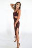 Load image into Gallery viewer, Ribbed Circle Cutout Slitted Dress in Chocolate Brown. The Color Coded Collection. Scarlette The Label, an online fashion boutique for women.