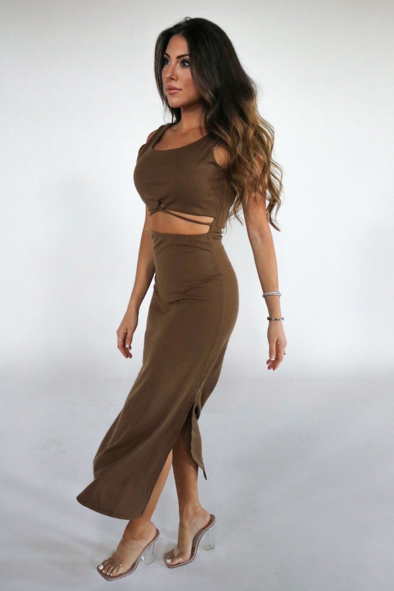 Cutout Ribbed Knit Midi Dress in Brown. The Color Coded Collection. Scarlette The Label, an online fashion boutique for women.