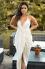 Draped Low Plunge Midi Dress in Cream. Scarlette The Label, an online fashion boutique for women. 