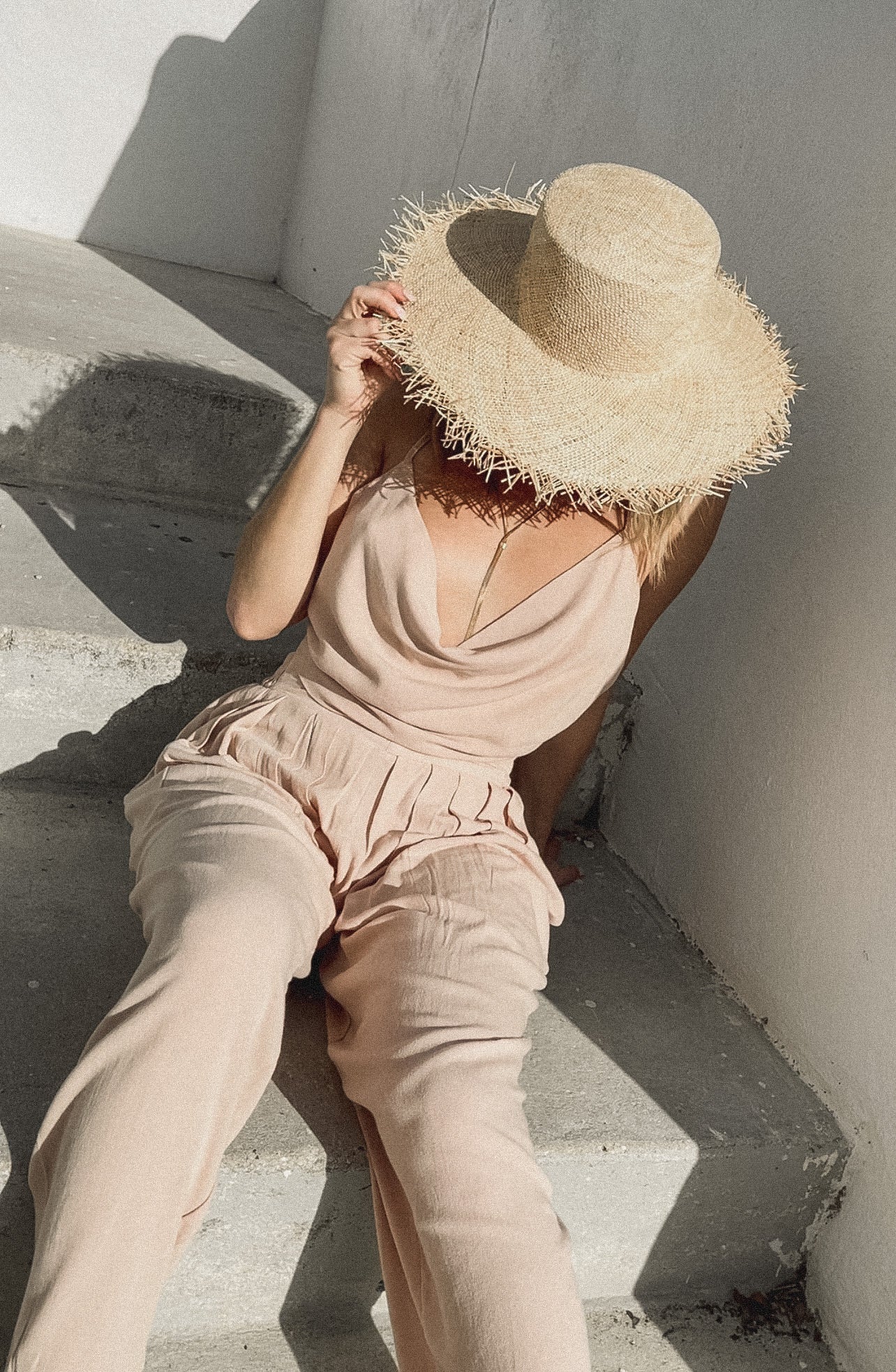 The Cherie Cowl Neckline Pant Set in Beige / Carnation sold at Scarlette The Label, an online fashion boutique for women. Resort Wear Collection SS 2021