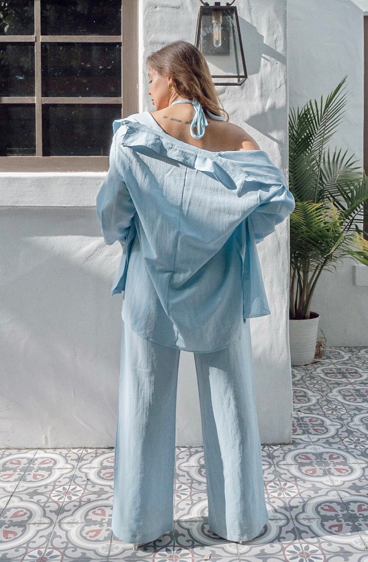 'Montauk' 3 Piece Button Down and Halter Pant Set in Dusty Blue. Scarlette The Label. An online fashion boutique for women.