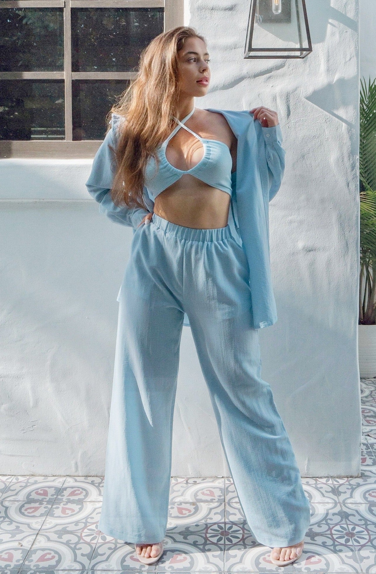 'Montauk' 3 Piece Button Down and Halter Pant Set in Dusty Blue. Scarlette The Label. An online fashion boutique for women.