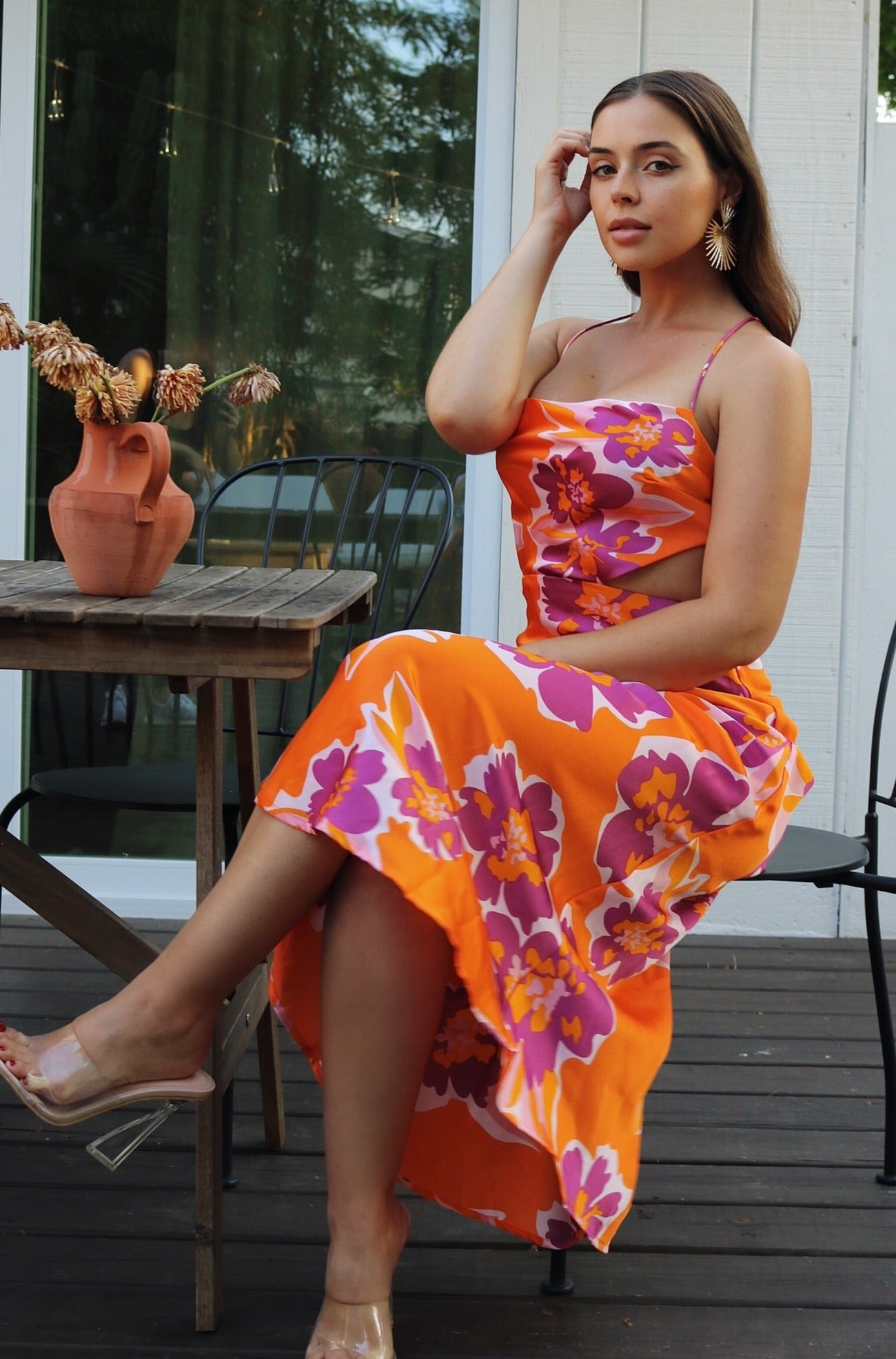 'Petunia' Halter Cut Out Midi Dress in Orange Floral. Scarlette The Label, an online fashion boutique for women.