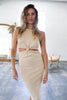 Knotted Cutout Midi Dress in Beige. Knot Dress. The Color Coded Collection. Scarlette The Label, an online fashion boutique for women.