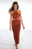 Load image into Gallery viewer, Knotted Cutout Midi Dress in Cinnamon Brown. Knot Dress. The Color Code Collection. Scarlette The Label, an online fashion boutique for women. 