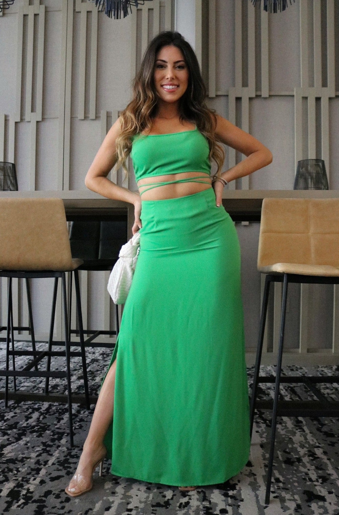 Cut Out Tie Maxi Dress in Kelly Green w/ Double Slits, Scarlette The Label, an online fashion boutique for women.
