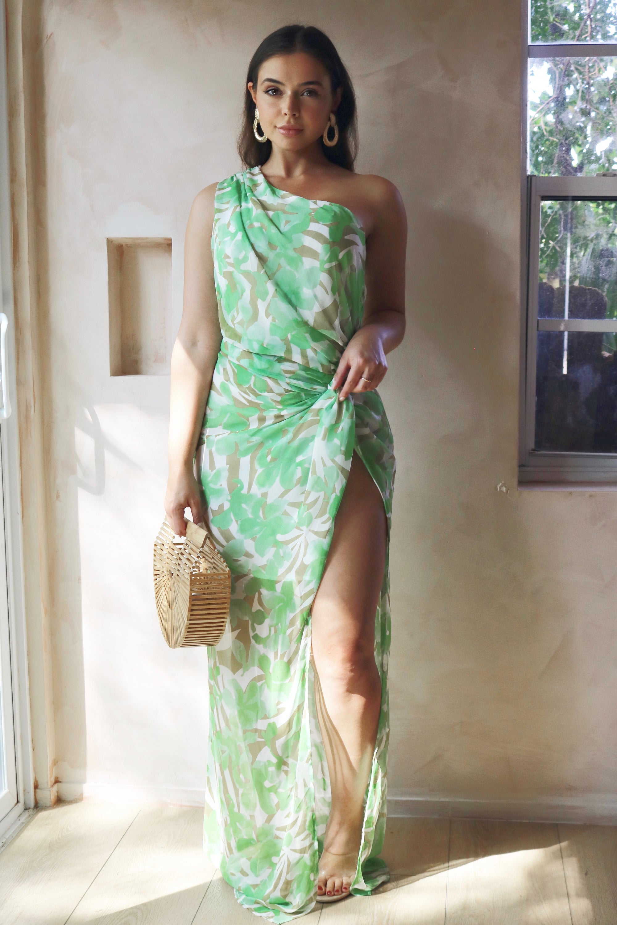 'Kalmia' Tropic One Shoulder Maxi Dress in Lime Print. Scarlette The Label, an online fashion boutique for women.