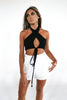 Black Keyhole Cross Neck Tie Top and White Trouser Shorts. The Color Coded Collection. Scarlette The Label, an online fashion boutique for women.