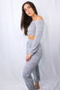 Load image into Gallery viewer, Brunette models off the shoulder long sleeve and pant loungewear set in heather gray for Scarlette The Label, an online fashion boutique for women.
