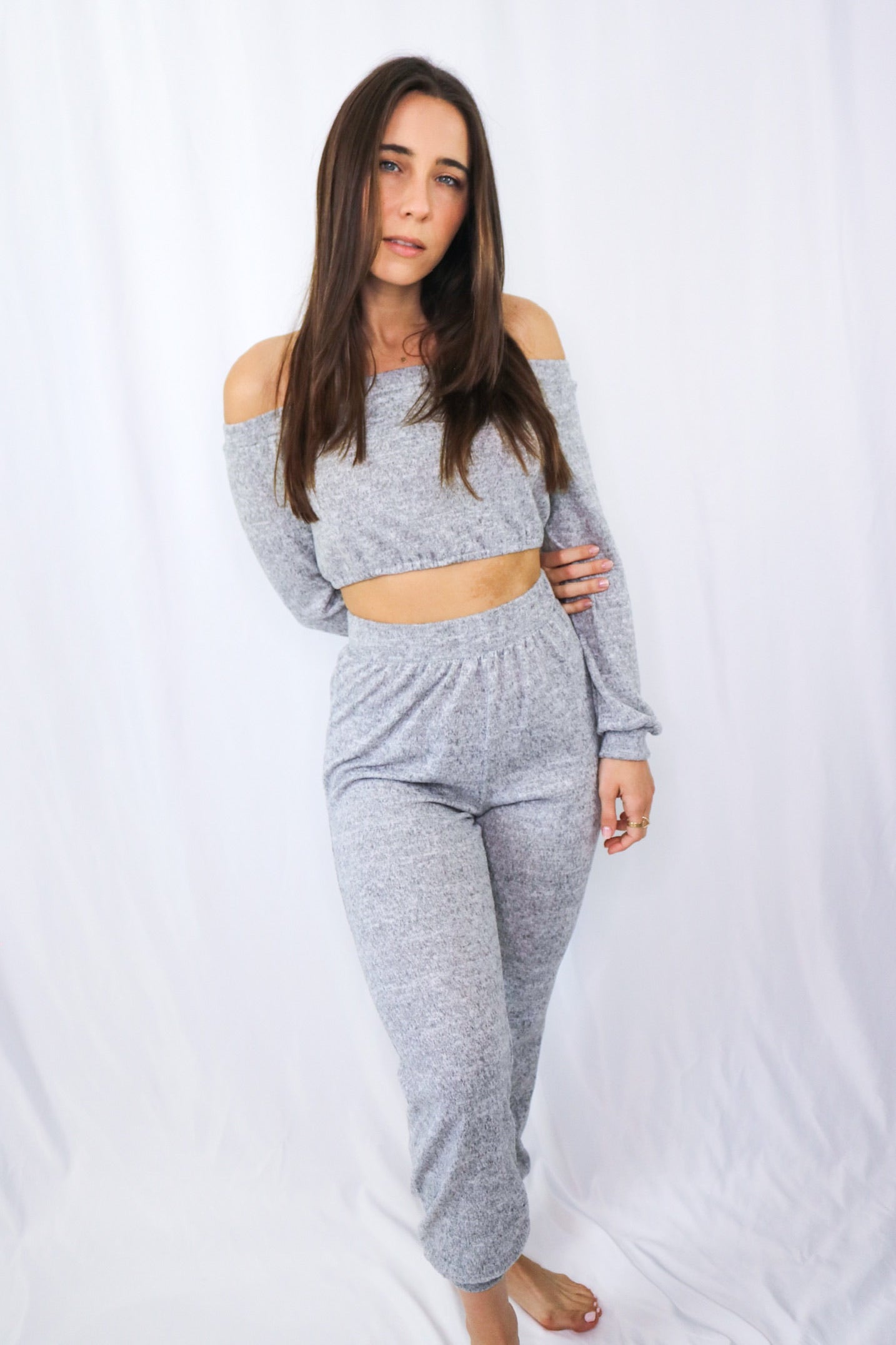 'Home Sweet Home' Off The Shoulder Lounge Set in Gray