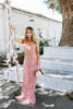 Load image into Gallery viewer, Blonde girl models magenta vacation maxi dress for Scarlette The Label, and online fashion boutique for women. The magenta vacation maxi dress is long, flowy, and has floral details.