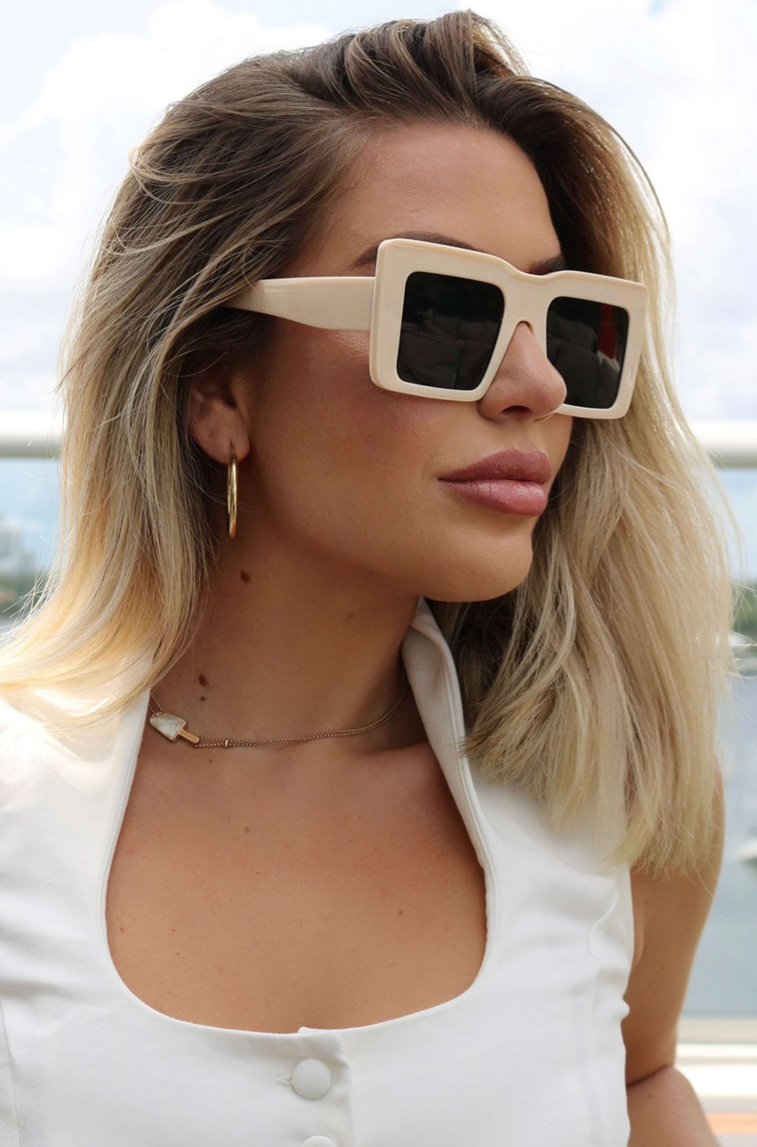 Color: Ivory Monotone Oversized Square Sunglasses Thick Framed Rims and Thick Temples, Scarlette The Label