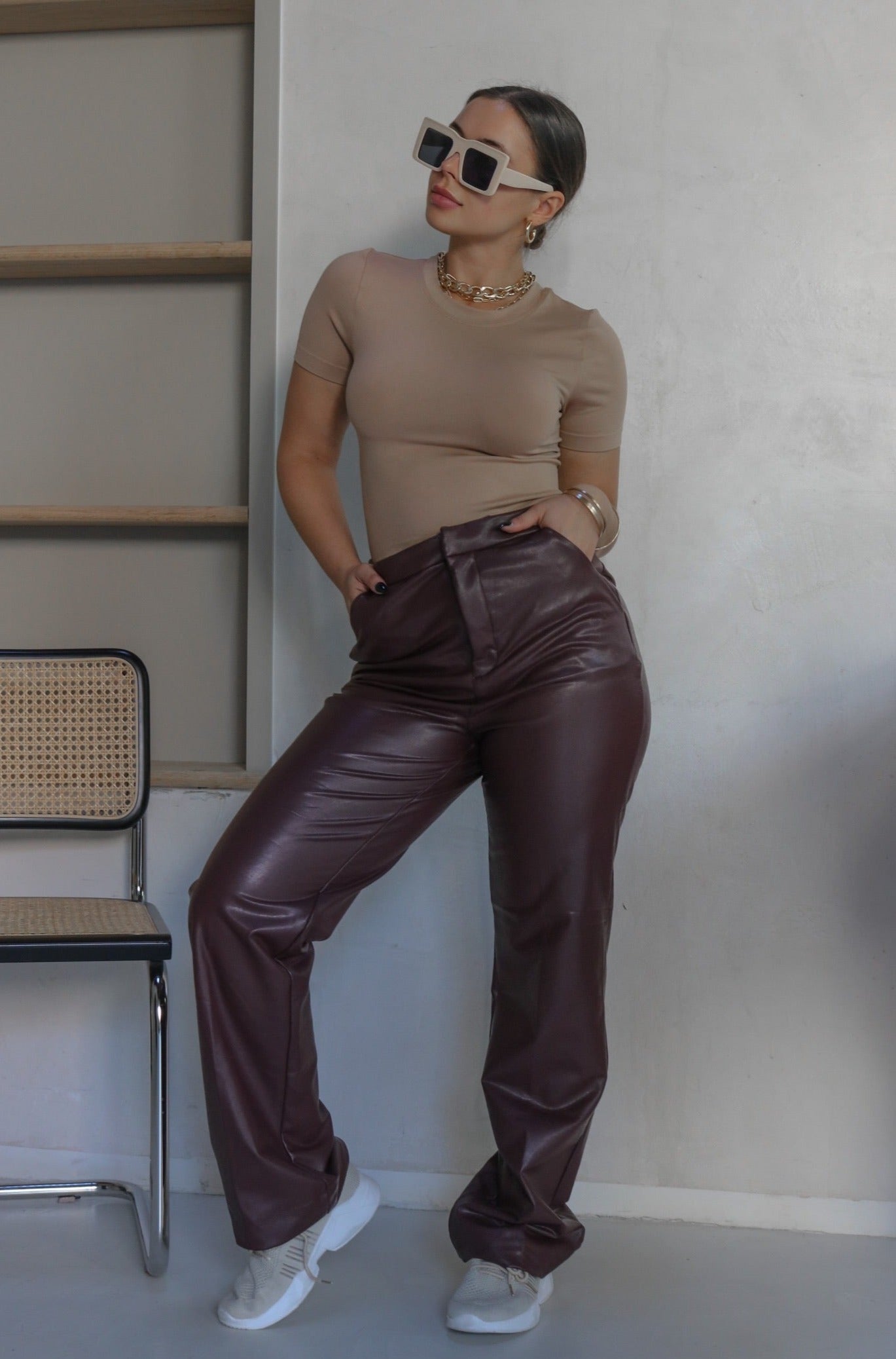 Faux Leather Pants in Chocolate Brown. Scarlette The Label, an online fashion boutique for women.