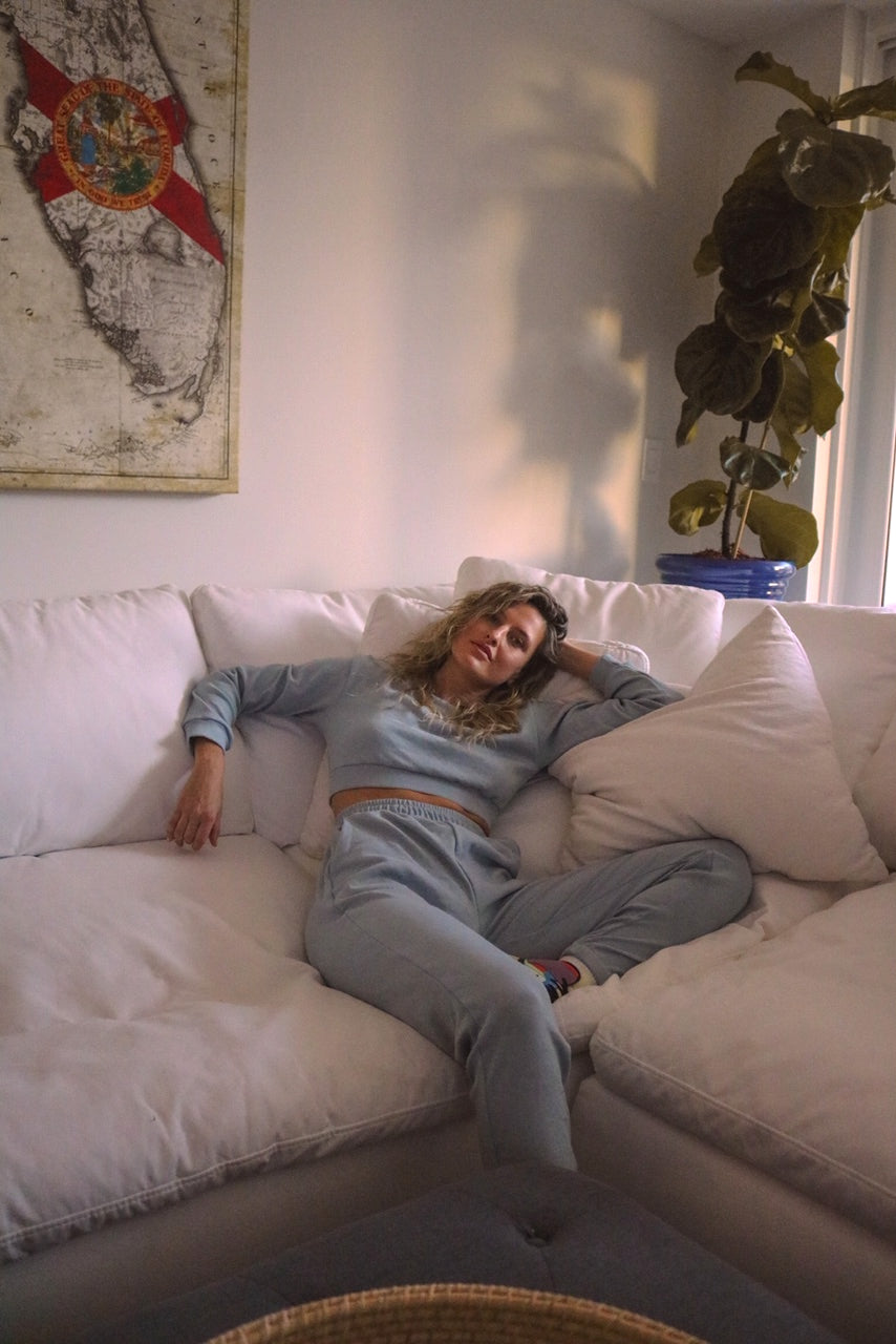 100% cotton luxury loungewear set in color dusty blue for Scarlette The Label, an online fashion boutique for women.