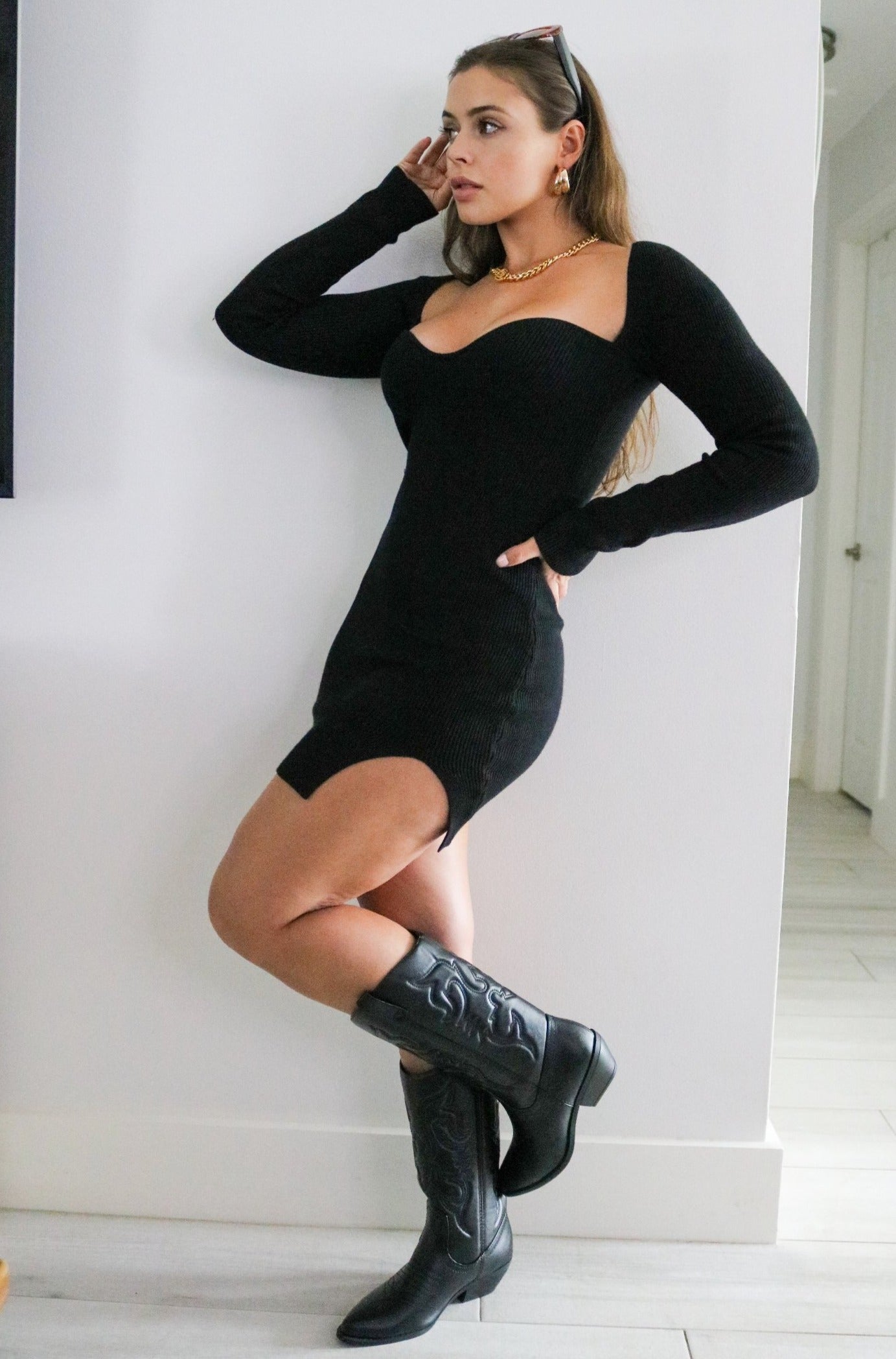 Ribbed Sweater Mini Dress in Black. Scarlette THe Label, an online fashion boutique and label for women.