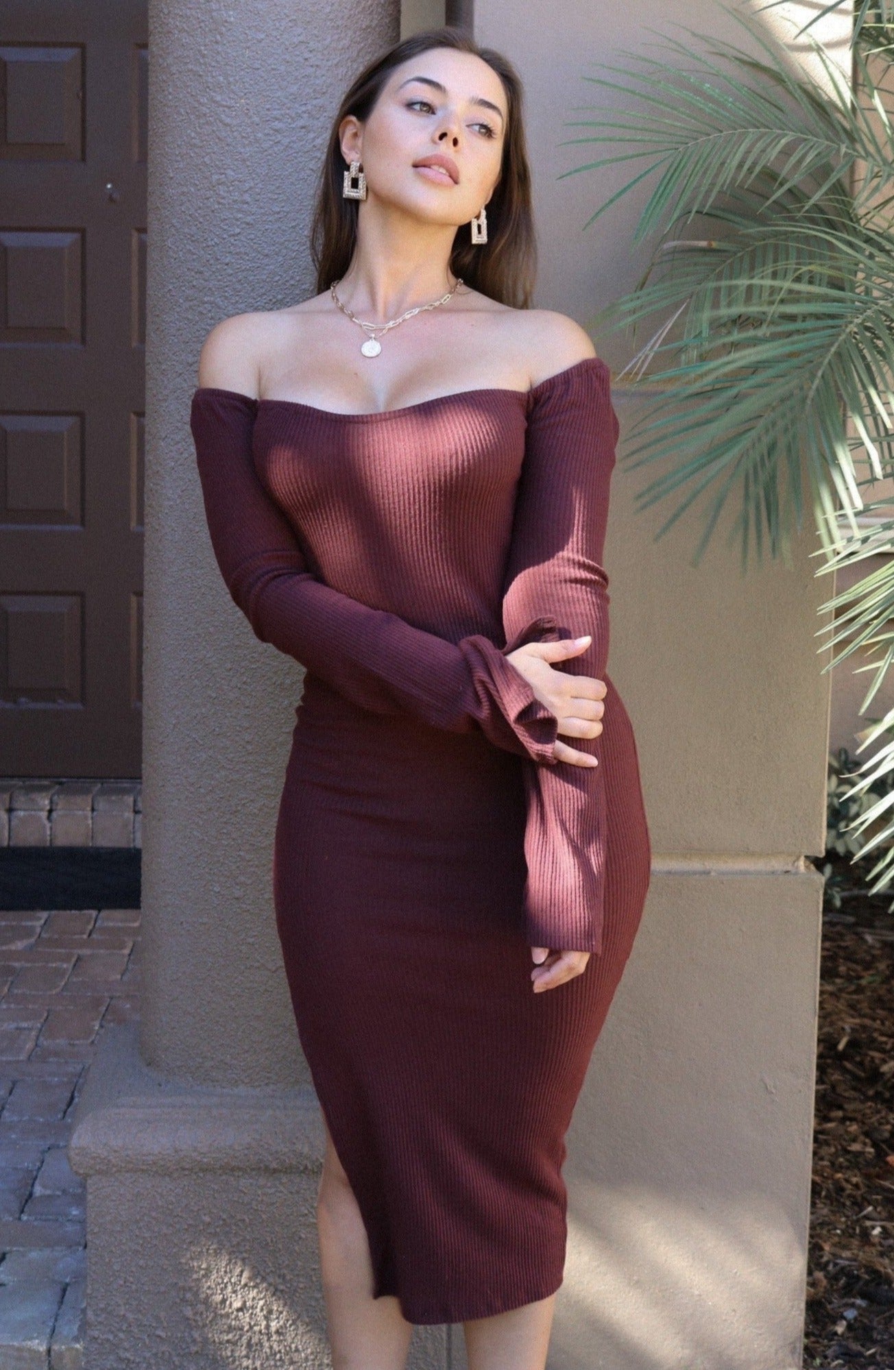 Ribbed Off The Shoulder Slit Midi Dress in Brown. Scarlette The Label, an online fashion boutique for women.