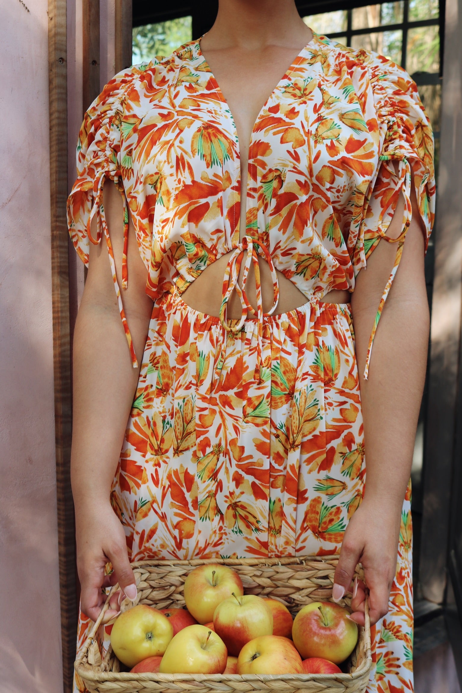 'Marguerite' Draped Cut Out Maxi Dress in Orange Print, Scarlette The Label, an online fashion boutique for women.