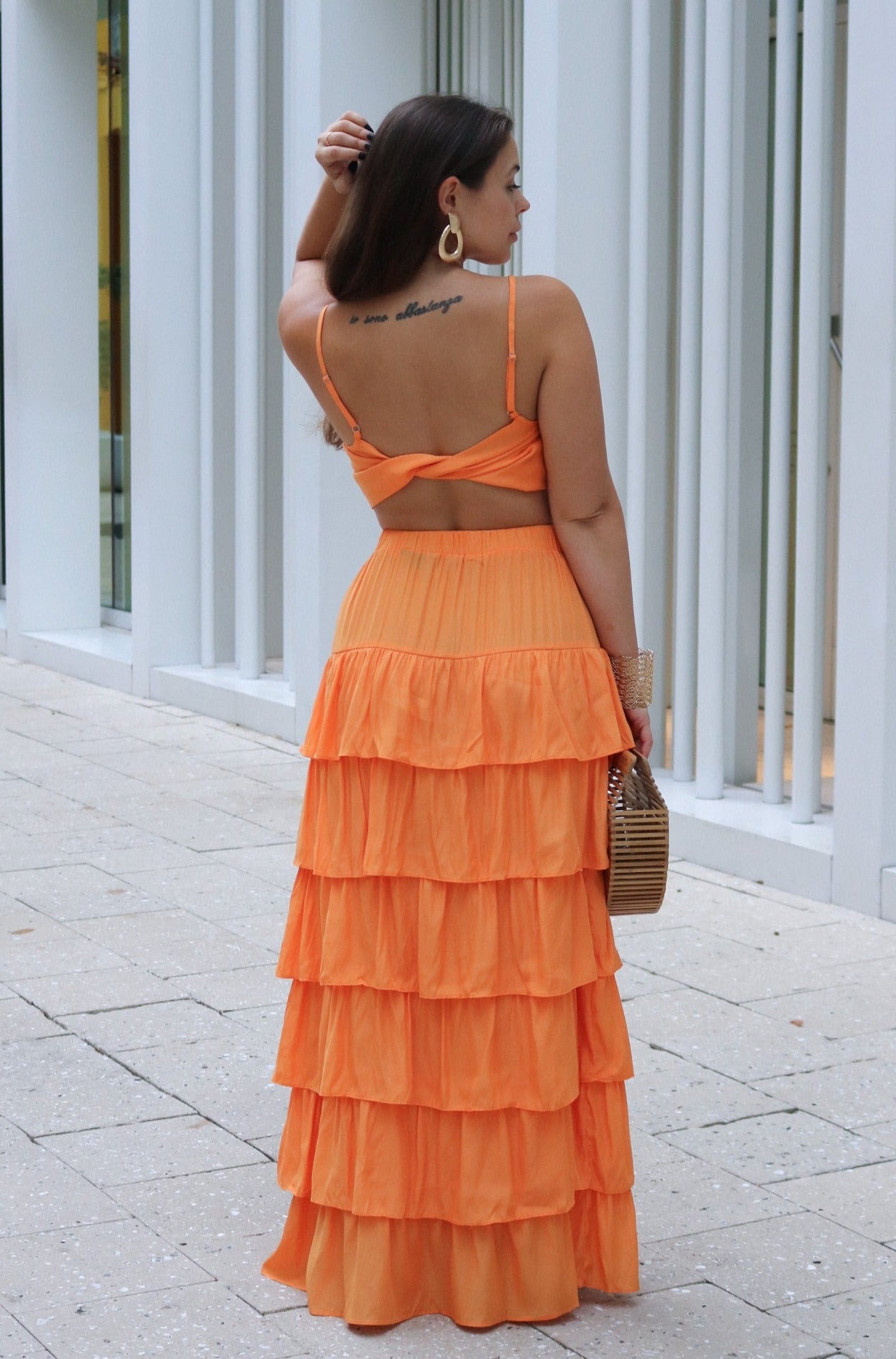 Ruffled Maxi Skirt Set w/ Matching Spaghetti Tie Top in Orange, Scarlette The Label, an online fashion boutique for women.
