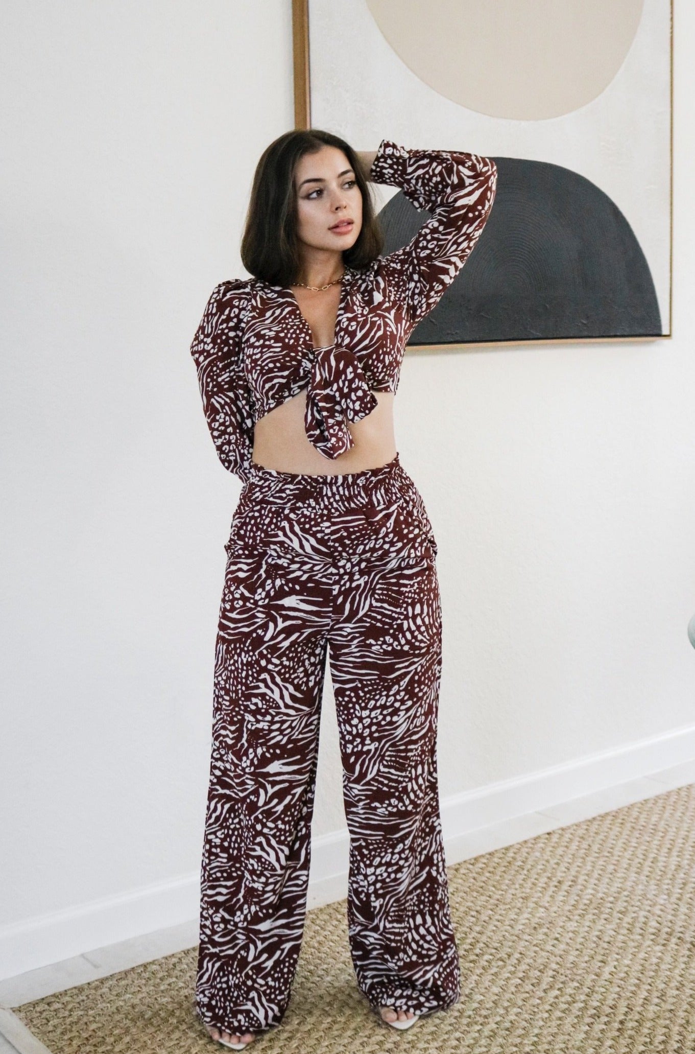 Print Pant Set with Wide Leg Pants and Tie Top in Brown Plum for Scarlette The Label, an online fashion boutique and label for women.