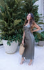 Adjustable Ruched Satin / Silk Slip Dress in Olive Green at Scarlette The Label, an online fashion boutique for women. Staycation Collection SS 2021