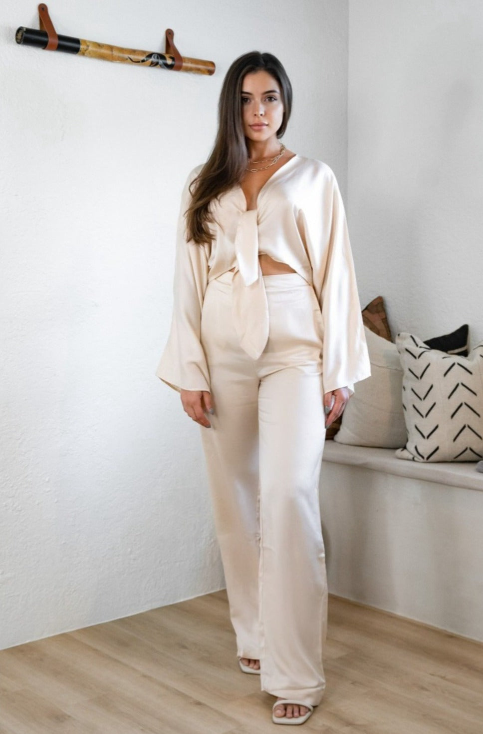 Satin Wide Leg Pant Set in Butter. Scarlette The Label, an online fashion boutique and label.