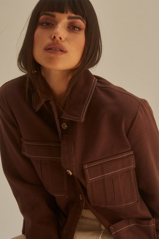 Collared Utility Shacket in Dark Brown. Scarlette The Label, an online fashion boutique and label.